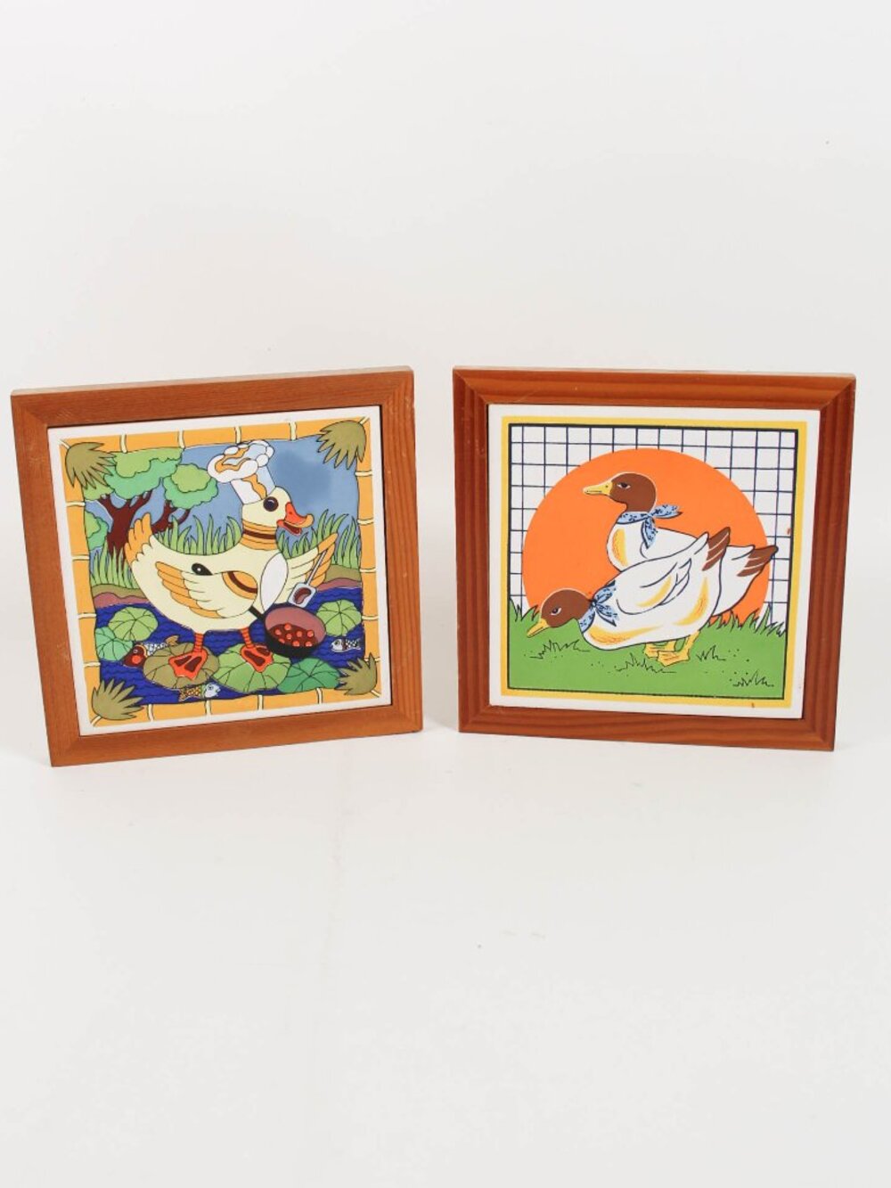 Vintage Duck Trivet Set of 2 Wood Framed Kitchen Wall Decor 7x7